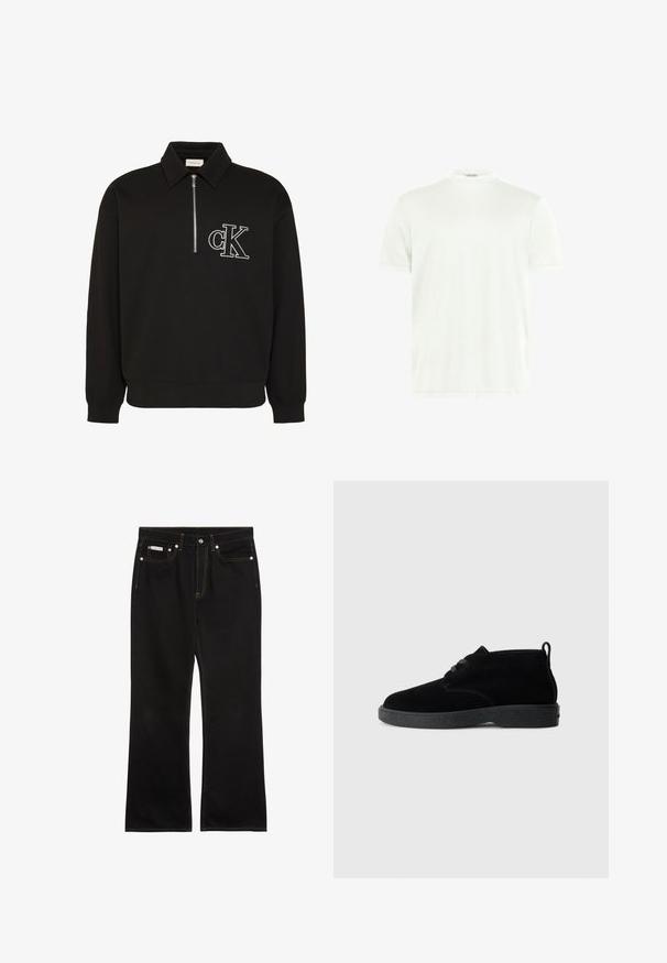 Schwarzer Langarm-Pullover mit Kragen, halbem Frontreißverschluss und weiß besticktem "cK" Logo auf der linken Brust.; Weißes T-Shirt mit Rundhalsausschnitt aus weichem Stoff. Kurze Ärmel, keine Muster. Schlichtes Design mit geradem Saum und minimalen Details.; Schwarze Jeans mit geradem Bein, oranger Naht, fünf Taschen, Knopfverschluss und kleinem Calvin Klein-Label auf der vorderen rechten Tasche.; Schwarze Wildleder-Stiefeletten mit runder Zehenpartie, Schnürdesign, schwarzem Gummisohle und einem Zugband an der Rückseite für einfaches An- und Ausziehen.