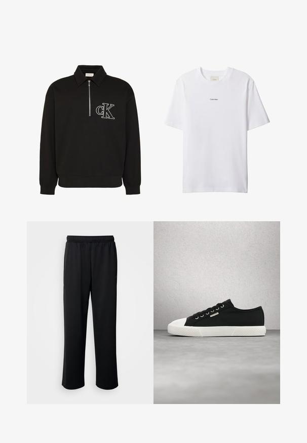 Schwarzer Langarm-Pullover mit Kragen, halbem Frontreißverschluss und weiß besticktem "cK" Logo auf der linken Brust.; Weißes Baumwoll-T-Shirt mit Rundhalsausschnitt und kurzen Ärmeln. Auf der Brust zentriert befindet sich ein kleines schwarzes "Calvin Klein"-Logo.; Schwarze Sporthose aus weichem, atmungsaktivem Stoff. Mit einem elastischen Bund und geraden Beinen, ohne auffällige Akzente oder Muster.; Schwarz-weißer Calvin Klein Low-Top-Sneaker mit Schnürsenkeln, schwebt über einem glatten grauen Boden in der Nähe einer Wand aus Glasbausteinen.