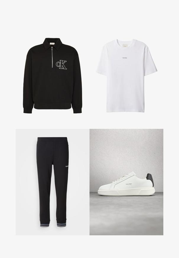 Sort langærmet pullover med krave, halvlukning foran med lynlås og hvidt broderet "cK" logo på venstre bryst.; Hvid bomuld t-shirt med rund hals og korte ærmer. Har en lille sort "Calvin Klein"-logo centreret på brystet.; Sorte joggingbukser med glat tekstur, elastisk talje og ribkanter med blå og hvide striber. Logo på venstre ben.; Hvide sneakers med en glat læderoverdel, flade snørebånd og en forhøjet hvid sål. Har en sort detalje ved hælen og et præget logo.