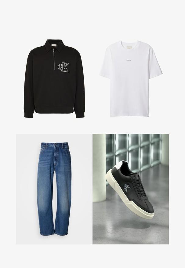 Must pikkade varrukatega pullover kraega, ees poolik tõmblukk ja valge brodeeritud "cK" logo vasakul rinnal.; Valge puuvillane t-särk ümmarguse kaeluse ja lühikeste varrukatega. Rinnal on keskel väike must "Calvin Klein" logo.; Lainete lõikega teksapüksid keskmise sinise tooniga. Varustatud luku ja viie taskuga ning kerge tuhmumisega kulunud välimuse loomiseks. Klassikalise õmbluse detailid.; Mustad toss musta tallaga ja valge tallaga, millel on küljele tõstetud "ck" logo, esitletud halli poleeritud põranda ja klaasplokkide seina taustal.