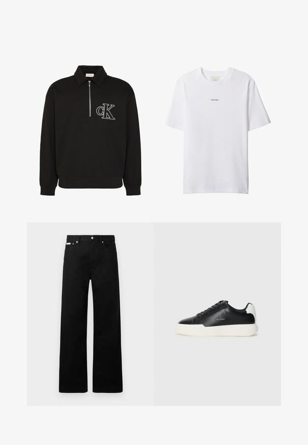 Schwarzer Langarm-Pullover mit Kragen, halbem Frontreißverschluss und weiß besticktem "cK" Logo auf der linken Brust.; Weißes Baumwoll-T-Shirt mit Rundhalsausschnitt und kurzen Ärmeln. Auf der Brust zentriert befindet sich ein kleines schwarzes "Calvin Klein"-Logo.; Schwarze Denim-Hose im weiten Bein-Design mit fünf Taschen und metallenen Knopfdetails. Glatte Textur, ohne sichtbare Muster.; Schwarze Ledersneaker mit weißer Gummisohle. Merkmale sind eine runde Zehenpartie, ein Schnürdesign und ein Logo-Detail an der Seite. Rückseitiger Akzent in Weiß.