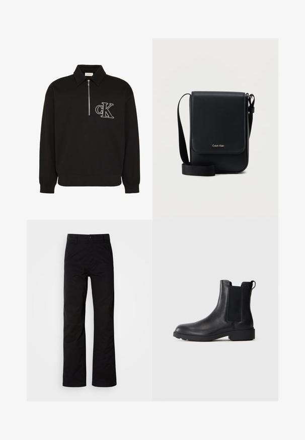 Schwarzer Langarm-Pullover mit Kragen, halbem Frontreißverschluss und weiß besticktem "cK" Logo auf der linken Brust.; Schwarze Baumwollhosen mit geradem Bein, ausgestattet mit einem Knopfverschluss und Gürtelschlaufen. Glatte Textur und minimalistischer Stil ohne sichtbare Muster.; Schwarze Leder-Stiefelette mit elastischen Seiteneinsätzen, Zugschlaufe an der Ferse und niedrigem Blockabsatz vor einem schlichten Hintergrund.; Schwarze Calvin Klein Umhängetasche mit Klappe, verstellbarem Riemen und kleinem goldfarbenem Logo auf der Vorderseite, vor einem schlichten weißen Hintergrund.