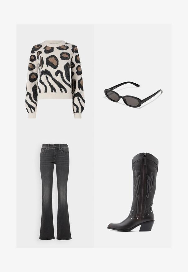 JDY LORRAINE - Trui - cement; Donkergrijze spijkerbroek met een subtiele vervaging, gemiddelde taille, knoopsluiting en lichte flare aan de pijpen.; Bruine leren cowboylaarzen met vlamstiksels, zijrits, zilveren studs, spits toelopende neus en gestapelde hak.; Even&Odd Zonnebril - black