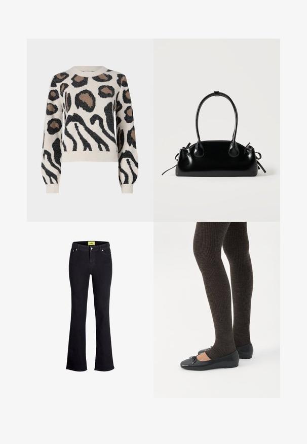 JDY LORRAINE - Trui - cement; Zwarte denim flair jeans met een standaard vijf-pocketontwerp, voorzien van een knoop- en ritssluiting en een contrasterend geel merketiket op de taille.; Benen met donkere geribbelde leggings gecombineerd met zwarte ballerina's met kleine strikdetails op een witte achtergrond.; Kleine zwarte glanzende handtas met twee lange hengsels en zijkant trekkoord details op een effen lichte achtergrond.
