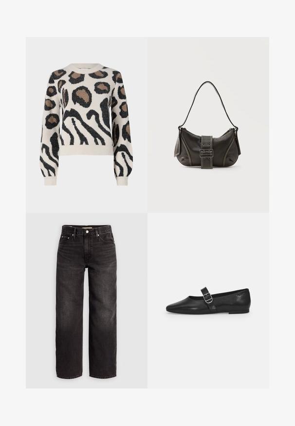 JDY LORRAINE - Striktrøje - cement; Levi's® BAGGY DAD - Baggy jeans - shrink up; Sorte læder flade sko med rund tå, et enkelt justerbart spænde og en glat, blank overflade. Minimalistisk design med en lav hæl.; Sort læder skuldertaske med spænde på remmen, afrundede kanter og kontrasterende hvide syninger på en ensfarvet baggrund.