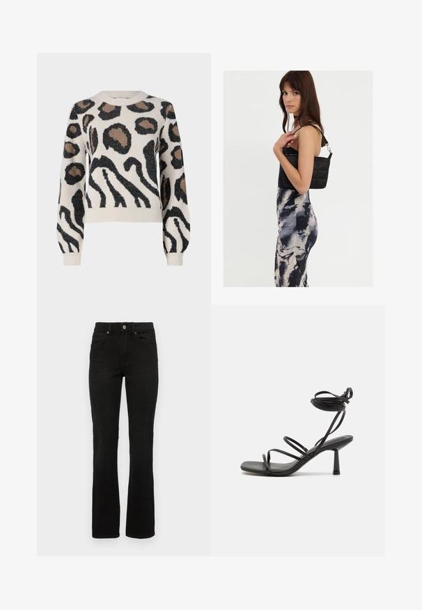 JDY LORRAINE - Striktrøje - cement; Sorte denimjeans med en flagrende benedesign, mellemhøj talje, fem lommer og knaplukning. Materialet har en glat, robust tekstur.; Sort strappy sandal med firkantet tå, justerbare ankelbind og en slank, blokhæl. Fremstillet af et glat, holdbart materiale.; Sort quiltet skuldertaske med en enkelt rem og sølvhardware, parret med en tætsiddende kjole med tie-dye mønster i nuancer af sort og creme.