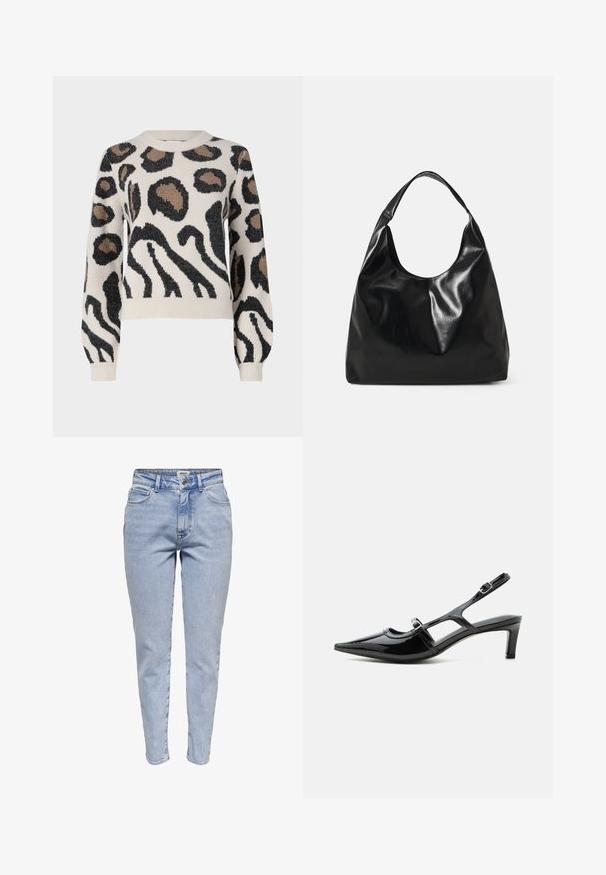 JDY LORRAINE - Striktrøje - cement; Lyseblå højtaljede slim-fit jeans med frontknap, lynlås og femlomme-design.; Sort laklæder spids tå slingback sko med lav hæl og to justerbare spænder, vist i sideprofil.; Sort læder hobo taske med en blød, skinnende tekstur og en rund, åben top. Har en bred, buet strop til bæring. Ingen synlig hardware.