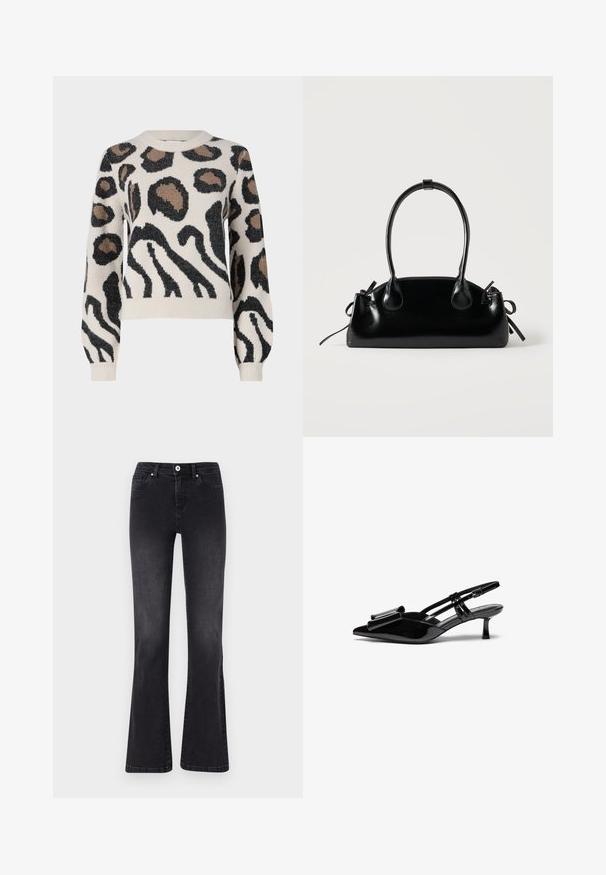 JDY LORRAINE - Strickpullover - cement; Schwarze, ausgestellte Jeans aus Denim mit Knopfverschluss, fünf Taschen und dezentem Verblassen. Genähte Details entlang der Nähte.; Schwarze Lackleder-Slingbacks mit spitzer Zehenpartie, einer Schleifendetail an der Vorderseite und einem kleinen Stiletto-Absatz. Die Riemen haben verstellbare Schnallen.; Kleine schwarze glänzende Handtasche mit zwei langen Griffen und seitlichen Kordelzug-Details vor einfachem hellem Hintergrund.