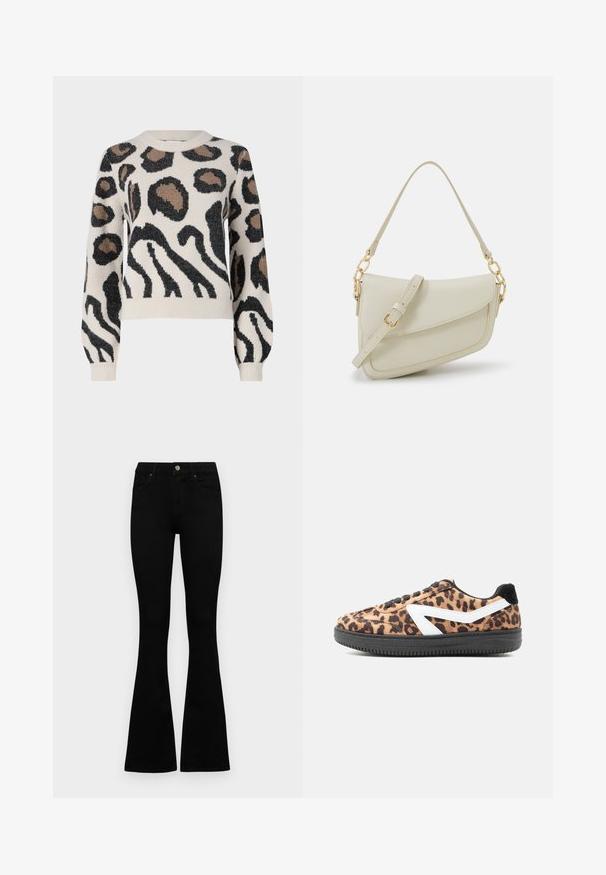 JDY LORRAINE - Striktrøje - cement; Sorte højtaljede jeans med knap- og lynlåslukning, forlommer og flagrende ben, lagt fladt på en hvid baggrund.; Sneaker med lavt skaft med leopardprint på overdelen, sort sål, sorte snørebånd, hvid sidekant og sort hældetalje mod ensfarvet baggrund.; Lille cremehåndtaske med tekstureret overflade, en lang justerbar rem, en kædeaccent og flaplukning. Detaljer i guldhardware.