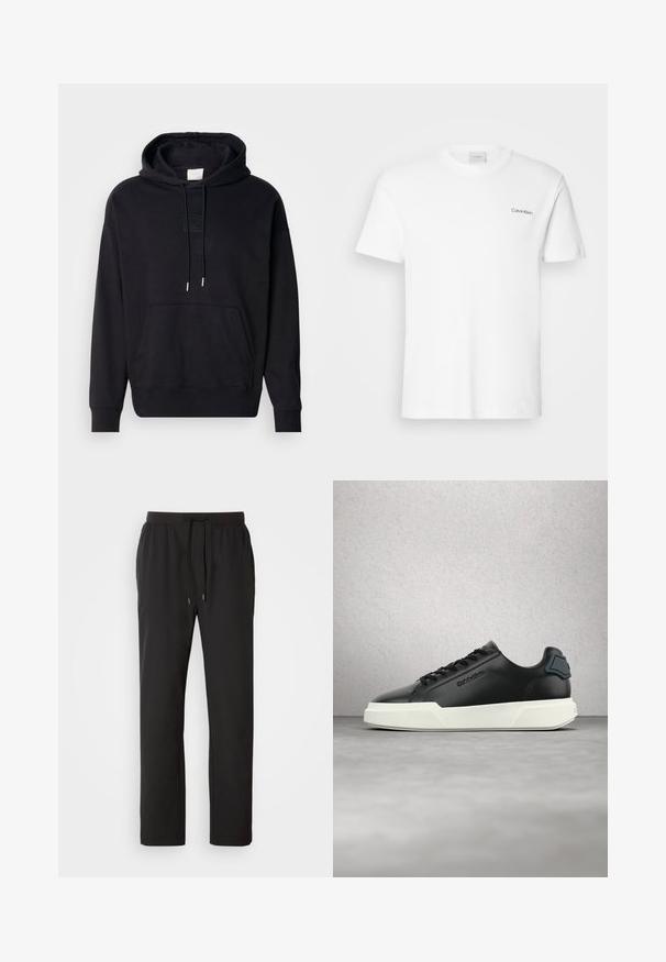 Sudadera negra hecha de una mezcla de algodón, con un bolsillo tipo canguro, capucha con cordón y puños y dobladillo de canalé. Parche de logo texturizado en el pecho.; Camiseta de algodón blanca con mangas cortas y un escote en forma de cuello redondo. Presenta un pequeño logotipo negro de "Calvin Klein" en el lado izquierdo del pecho.; Pantalones de chándal negros hechos de tela ligera, con una cintura elástica y cordones ajustables, además de bolsillos laterales. Textura suave.; Zapatilla deportiva de cuero negro con suela blanca, cordones negros y logotipo en relieve, mostrada flotando sobre un suelo gris con fondo de pared de bloques de vidrio.