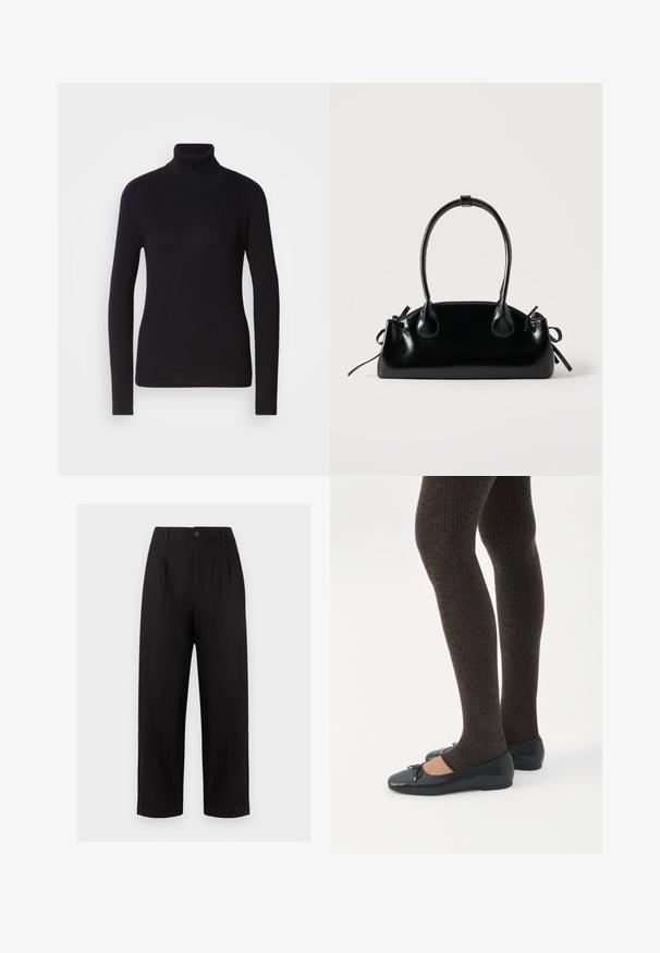 Sort ribbet rullekravesweater med lange ærmer. Fremstillet af strikmateriale med en tætsiddende design. Glat tekstur og høj halsdetalje.; Sorte brede bukser med høj talje, bæltestropper, foran knap og lynlås mod en ensfarvet lys baggrund.; Ben iført mørke ribbede leggings kombineret med sorte balletsko med små sløjfedetaljer på hvid baggrund.; Lille sort blank håndtaske med to lange håndtag og snøre-detaljer i siden på en ensfarvet lys baggrund.