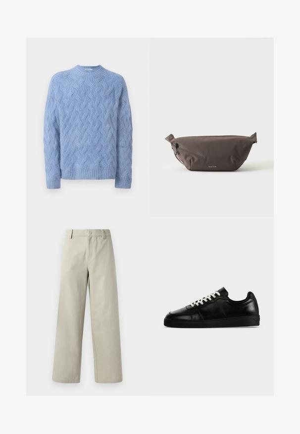 Pull bleu clair en tricot texturé avec motif en torsades. Présente un col rond et des poignets et ourlet côtelés.; Han Kjøbenhavn WIDE LEG - Pantalon classique - light grey; Baskets basses en cuir noir avec lacets blancs, semelle plate noire et détails subtils de couture, visibles de profil sur un fond gris.; Sac banane en tissu marron foncé avec poche zippée en diagonale et petit logo blanc sur le devant, sur un fond clair uni.
