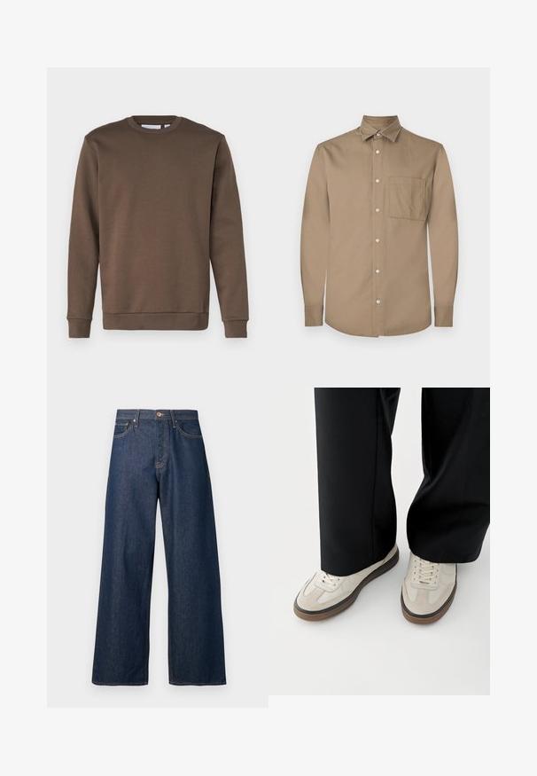 Only & Sons ONSCERES CREW NECK - Sweatshirt - major brown; Braunes Langarmhemd mit geknöpftem Frontbereich, spitzen Kragen, einer Brusttasche und glattem, mattem Stoff.; Jeans mit weitem Bein aus dunkelblauem Denim mit oranger Naht, versehen mit fünf Taschen, einem vorderen Knopfverschluss und einer geraden Silhouette.; Füße mit beigen Sneakers mit braunen Sohlen und schwarzen Hosen mit weitem Bein auf weißem Hintergrund.