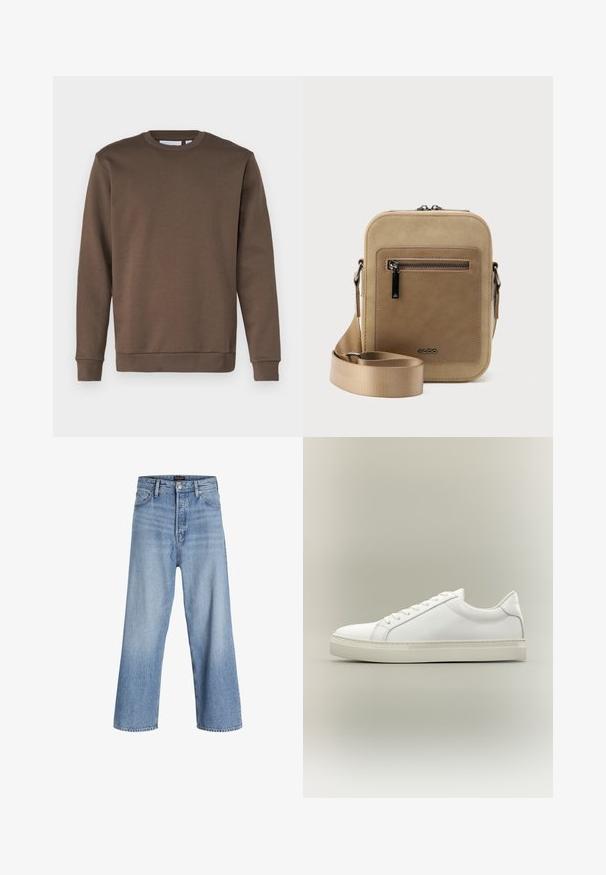 Only & Sons ONSCERES CREW NECK - Sweater - major brown; Lichtblauwe denim wijdvallende jeans met een hoge taille, voorzien van een knoopsluiting, vijf pockets en subtiele vervaging. Schoon afgewerkte zoom.; Witte lage sneaker met veters aan de voorkant en dikke zool, zijaanzicht tegen een neutrale achtergrond.; Kleine beige crossbodytas met een voorvak met ritssluiting, metalen ALDO-logo, verstelbare brede band en afgeronde rechthoekige vorm op een witte achtergrond.
