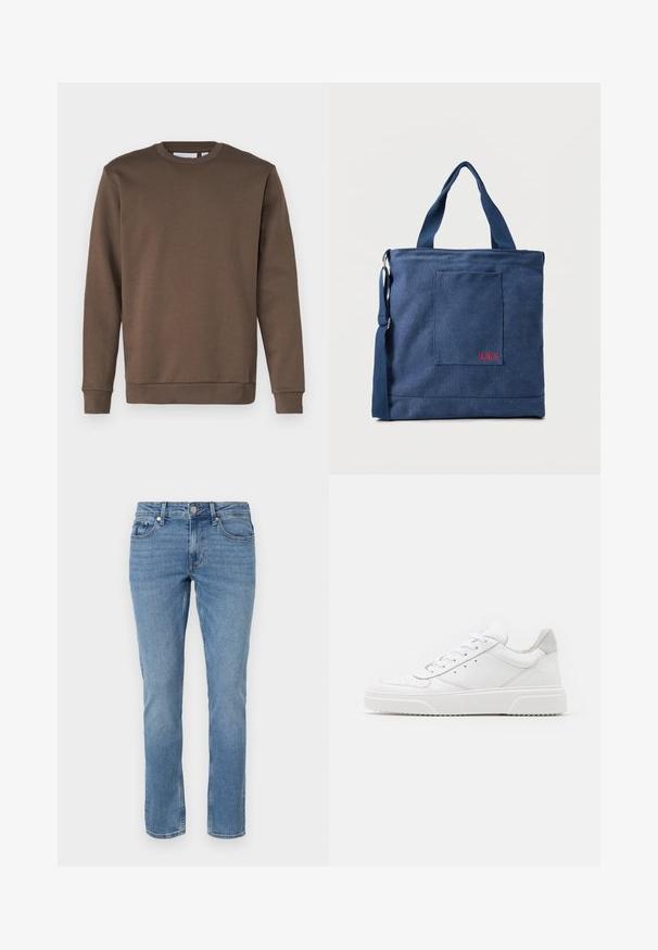 Only & Sons ONSCERES CREW NECK - Sweater - major brown; Blauwe rechte spijkerbroek met voorzakken, riemlussen en een knopen sluiting.; Witte leren sneakers met een gladde afwerking, ronde neus, platte veters en een gestructureerde zool. Grijze suède accent bij de hiel.; Blauwe canvas tas met voorvak en rode "O.N.S" borduring, voorzien van dubbele handvatten en een verstelbare schouderriem.