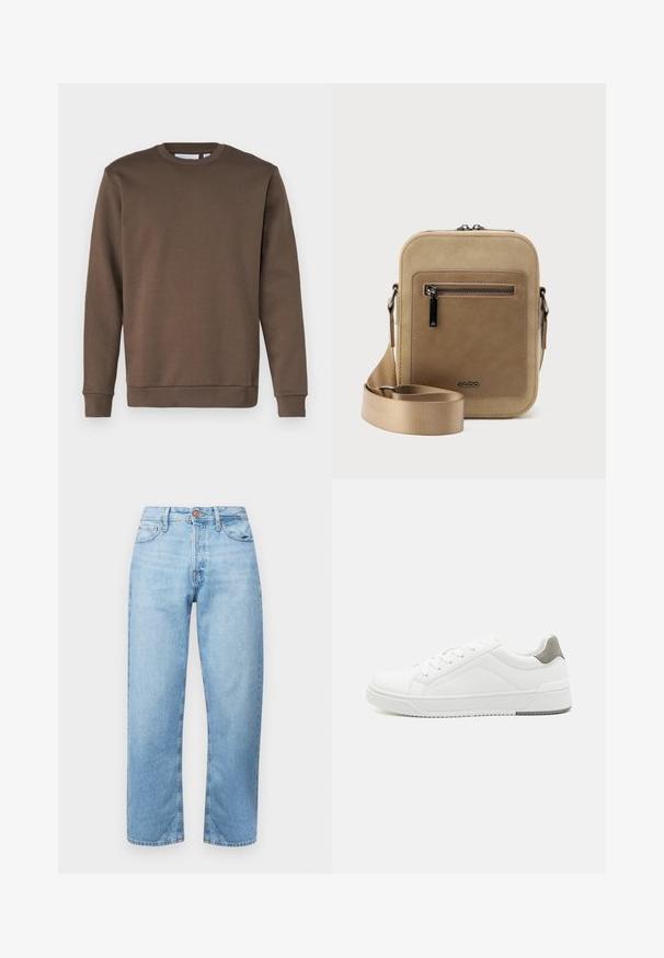 Only & Sons ONSCERES CREW NECK - Sweater - major brown; Lichtblauwe denim jeans met een rechte snit, vijf zakken en een knoopsluiting. Gladde textuur en minimale vervaging met gestikte accenten.; Witte sneaker van glad leer met een ronde neus, minimalistisch ontwerp, grijze hielaccent en een geplaatste rubberen zool.; Kleine beige crossbodytas met een voorvak met ritssluiting, metalen ALDO-logo, verstelbare brede band en afgeronde rechthoekige vorm op een witte achtergrond.