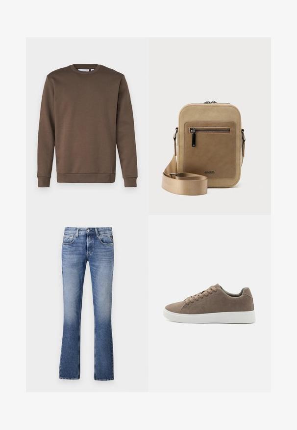 Only & Sons ONSCERES CREW NECK - Sweatshirt - major brown; Lyseblå denimjeans med en udvidet ben-design, der har fem lommer, en knaplukning foran og diskret falmning overalt.; Brune ruskinds sneakers med flade hvide gummisåler, snørelukning, rund tå og en glat overflade. Minimalistisk stil med diskrete syninger.; Lille beige crossbody-taske med lynlåslomme foran, metal ALDO-logo, justerbar bred rem og rundet rektangulær form på hvid baggrund.