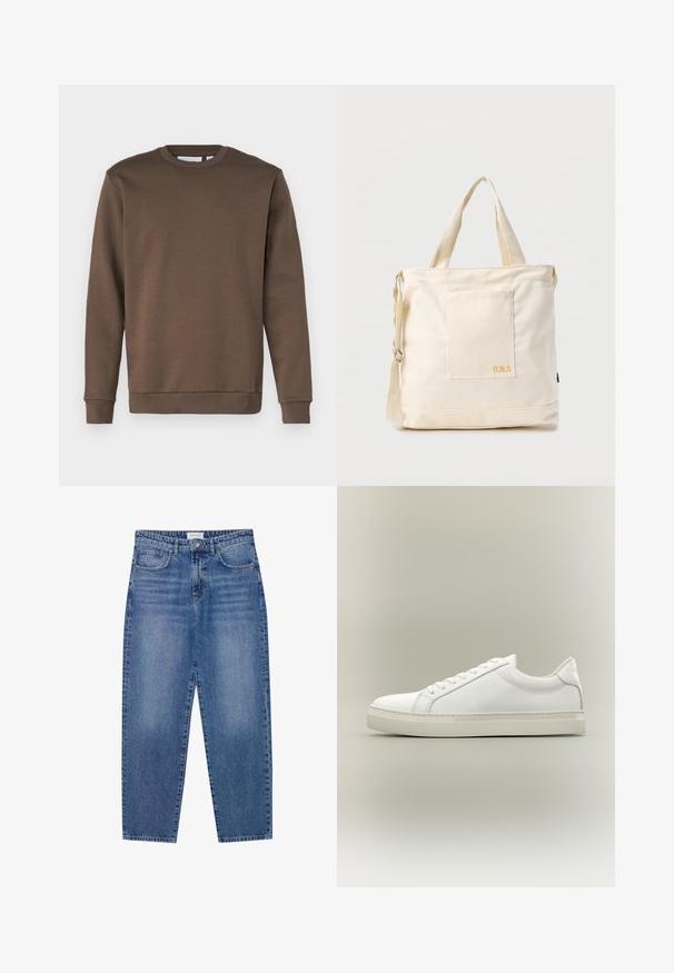 Only & Sons ONSCERES - Sweatshirt - major brown; Blaue Denim-Jeans mit hoher Taille, geradem Bein und ausgebleichtem Finish. Verfügt über fünf Taschen und einen Knopfverschluss.; Weißer Sneaker mit niedrigem Schaft, vorn mit Schnürung und dicker Sohle, aus der Seitenansicht vor neutralem Hintergrund.; Beige Canvas-Shopper mit Fronttasche, zwei Griffen, verstellbarem Schulterriemen und kleinem gelbem "O.N.S"-Text unten rechts auf der Tasche.