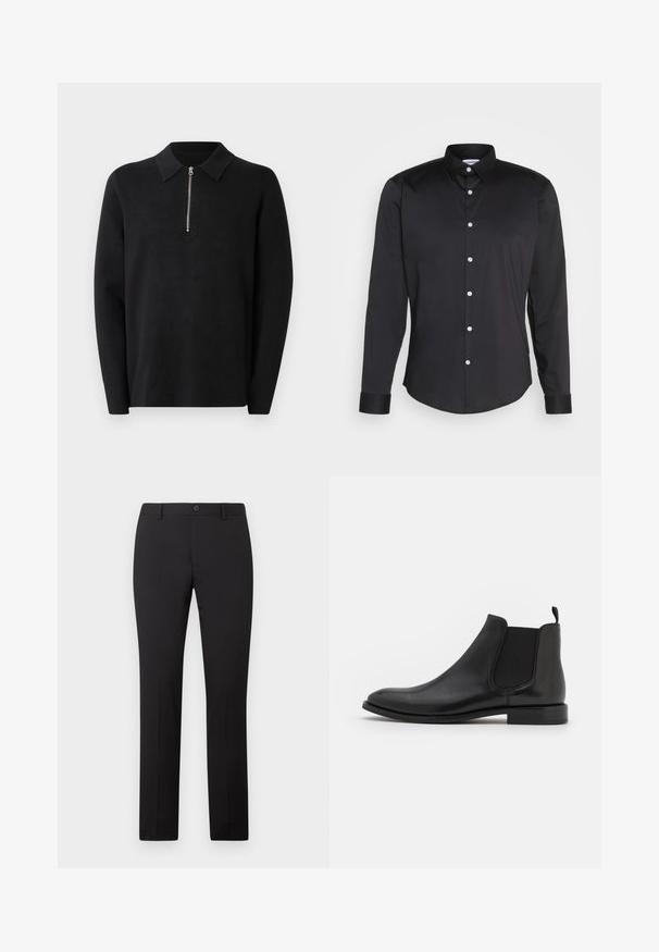 Sort pullover med lange ærmer og lynlås i kraven. Lavet af blødt stof, der har en glat tekstur og et enkelt, minimalistisk design.; Sort langærmet skjorte lavet af glat stof, med spidse krave, frontlukning med hvide knapper og enkeltknapmanchetter.; Sorte skræddersyede bukser med lige ben, som har knaplukning og bæltestropper. Fremstillet i glat stof uden synlige mønstre.; Sorte læder Chelsea støvle med elastiske sidepaneler, en rund tå og en lav hæl. Glat tekstur med et minimalistisk design.
