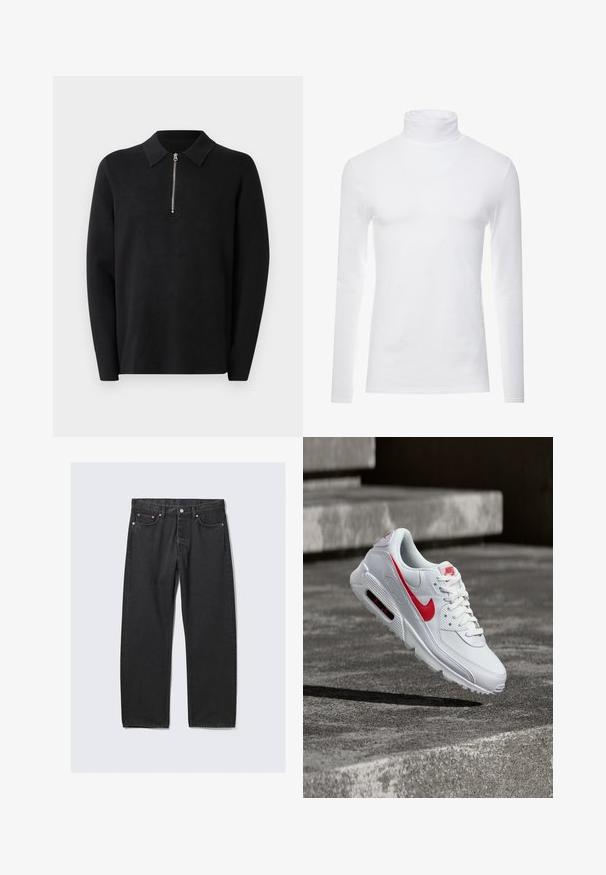 Sort pullover med lange ærmer og lynlås i kraven. Lavet af blødt stof, der har en glat tekstur og et enkelt, minimalistisk design.; Hvid langærmet turtleneck skjorte lavet af blødt, strækbart materiale. Har en høj krave og et tætsiddende design, som giver en strømlinet silhuet.; Sorte jeans med lige ben, fem lommer og knaplukning i taljen, lagt fladt på en lys baggrund.; Hvid Nike-sneaker med rødt swoosh-logo og synlig air cushion-sål, svævende over grå betontrapper i udendørs omgivelser.