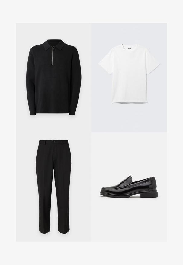 Pullover noir avec des manches longues et un col zippé. Fabriqué en tissu doux, avec une texture lisse et un design simple et minimaliste.; T-shirt blanc à manches courtes et col rond, étalé à plat, design uni, avec l'étiquette "WEEKDAY" à l'intérieur du col sur un fond clair.; Pantalon noir en tissu lisse, présentant une coupe droite, des poches avant, un bouton simple de fermeture et sans motifs visibles.; Mocassins en cuir noir avec un embout arrondi, présentant un détail cousu sur le dessus, et un petit talon carré. Texture lisse et finition brillante.
