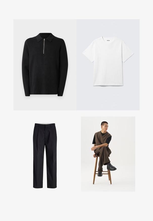 Sort pullover med lange ærmer og lynlås i kraven. Lavet af blødt stof, der har en glat tekstur og et enkelt, minimalistisk design.; Hvid kortærmet crewneck T-shirt lagt fladt ud, ensfarvet design, med "WEEKDAY" mærkat inde i kraven på en lys baggrund.; Sorte bukser med lige ben med taljebånd, bæltestropper, frontlynlås og sidelommer vist på en hvid baggrund.; Brun strikket vest over en sort t-shirt, parret med brune vidde bukser og sorte chunky sko, siddende på en træstub.
