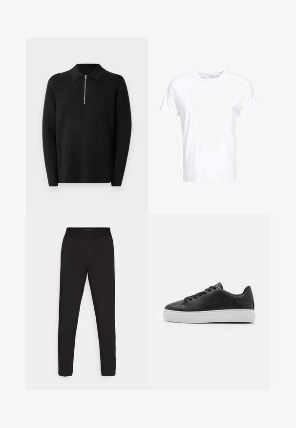 Suéter negro de manga larga con cuello con cremallera. Hecho de una tela suave, con una textura lisa y un diseño sencillo y minimalista.; Camiseta de algodón blanca con cuello redondo y mangas cortas, con un corte clásico y una textura suave. Sin patrones ni elementos metálicos visibles.; Pantalones negros ajustados con cintura elástica, fabricados en un tejido ligero y suave, sin patrones visibles ni detalles de herrajes.; Zapatilla de cuero negro con punta redonda, suela de goma blanca y cordones negros. Presenta un acabado liso y un diseño minimalista.