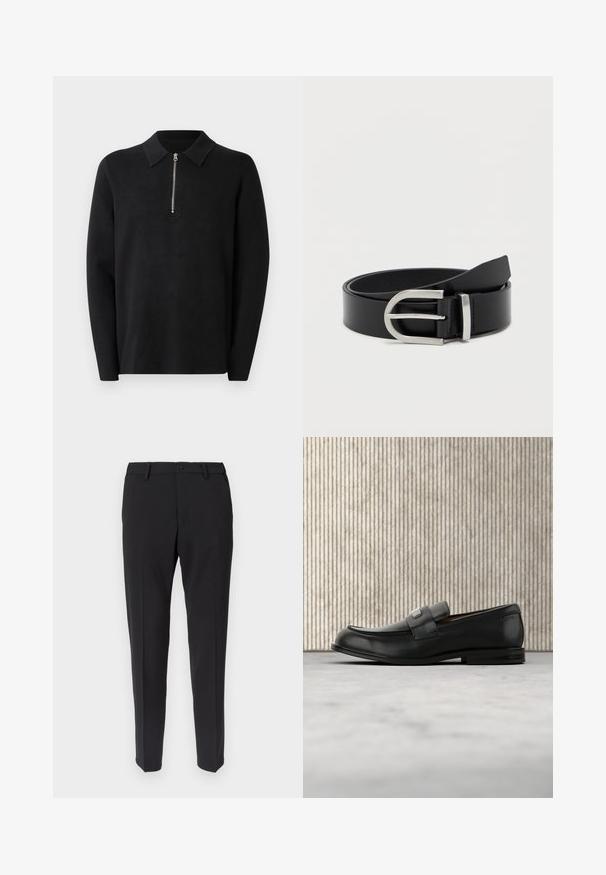 Suéter negro de manga larga con cuello con cremallera. Hecho de una tela suave, con una textura lisa y un diseño sencillo y minimalista.; Pantalones negros a medida con corte recto, que presentan una textura suave, trabillas para cinturón y bolsillos delanteros. Se abrochan con un botón y cremallera.; Mocasín de cuero negro con una placa metálica de marca apoyado cerca de una mesa redonda marrón sobre un suelo alfombrado beige.; Cinturón de cuero negro con una textura suave, que presenta una hebilla de metal plateado y una forma rectangular clásica.