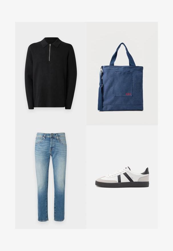Sort pullover med lange ærmer og lynlås i kraven. Lavet af blødt stof, der har en glat tekstur og et enkelt, minimalistisk design.; Lysblå denimjeans med udtværede sektioner, lige pasform, fem-lomme design og grundlæggende metalknaplukning i taljen.; Hvide sneakers med sorte og grå detaljer, med en tekstureret grå tåhætte, sort gummisål og flade hvide snørebånd. Rent design, minimalistisk stil.; Blå lærredstote taske med frontlomme og rød "O.N.S" broderi, med to håndtag og en justerbar skulderrem.