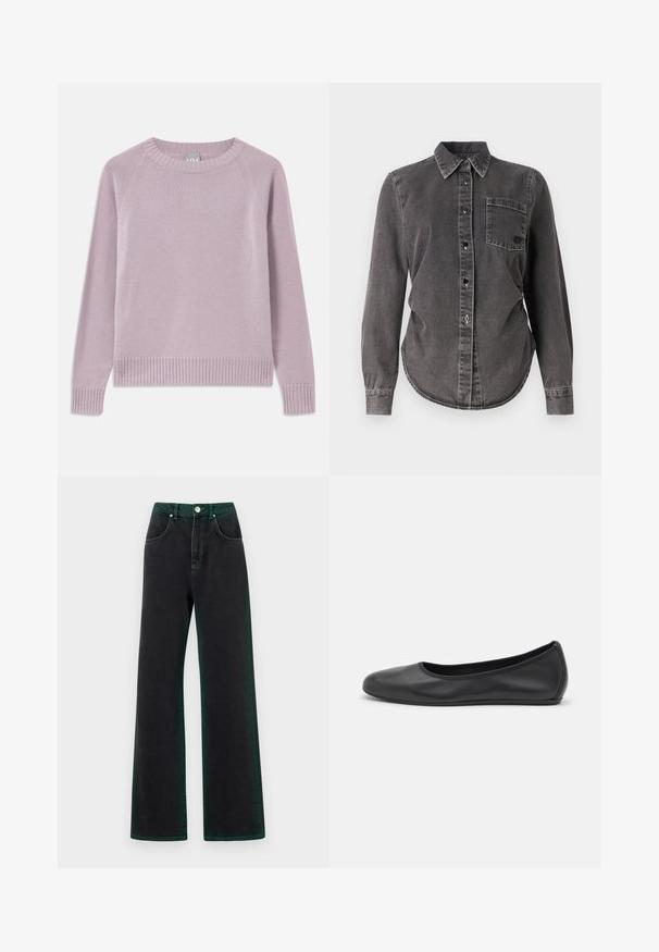 Pull tricoté léger en violet avec un ourlet et des poignets côtelés, des manches raglan et un col rond. Texture douce et design sans couture.; Chemise en denim gris foncé à manches longues, fermeture à boutons, col pointu, poche poitrine unique et ourlet arrondi. Surface texturée avec coutures visibles.; Jean noir évasé avec des accents verts, en denim, présentant une taille haute, des poches avant et une fermeture à bouton en métal.; Ballerines en cuir noir avec un bout rond, texture lisse, détails de couture minimalistes et design de semelle flexible.
