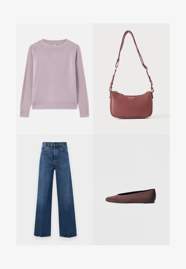 Pull tricoté léger en violet avec un ourlet et des poignets côtelés, des manches raglan et un col rond. Texture douce et design sans couture.; Jean bleu à jambes larges en denim avec taille haute, poches avant et couture contrastante. Le tissu a une texture lisse.; Ballerines en tissu marron avec un bout pointu et une texture lisse, dotées d'un talon bas et d'une fine semelle noire. Aucune motif ni élément métallique visible.; Petit sac à bandoulière en cuir mauve texturé avec sangle réglable et fermeture éclair argentée, arborant le logo Emporio Armani Milano 1981 sur le devant.