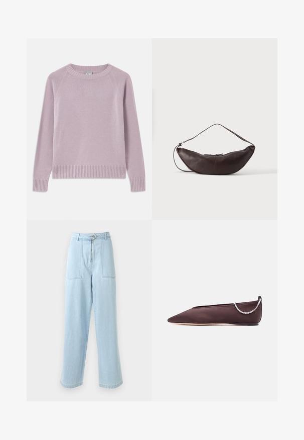 Suéter de punto lila claro con dobladillo y puños acanalados, mangas raglán y escote redondo. Textura suave y diseño sin costuras.; Jeans de tiro alto de pierna ancha en azul claro, con dos bolsillos frontales, cremallera y cierre de botón. Fabricados en tela de mezclilla.; Zapato plano de punta fina de color marrón oscuro con un tacón bajo y un detalle de cadena de pedrería plateada en la parte trasera.; Bolso de hombro de cuero marrón oscuro en forma de media luna con una correa curva y costuras visibles sobre un fondo liso.