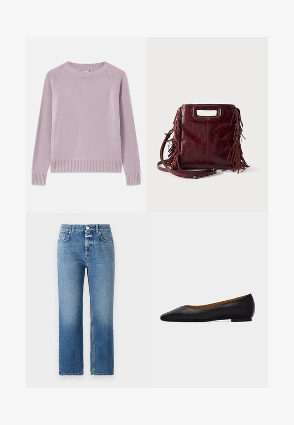 Lyserød striktrøje med ribbede kanter og manchetter, raglanærmer og rund halsudskæring. Blød tekstur og sømløst design.; CLOSED MILO - Jeans Straight Leg - mid blue; Sort læder flad sko med spids tå, lav hæl og glat finish, vist fra siden på en lysegrå baggrund.; Firkantet burgunderfarvet læderhåndtaske med udskåret håndtag, sideskvaster og justerbar skulderrem på ensfarvet baggrund.