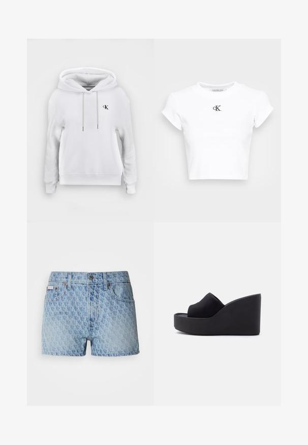 Sudadera blanca con capucha, cordones delanteros y pequeño logo negro de "cK" en el lado izquierdo del pecho, puños y bajo acanalados.; Camiseta corta blanca hecha de tela acanalada. Presenta un escote redondo y mangas cortas. Logotipo "cK" bordado en negro en el pecho.; Shorts de mezclilla en azul claro con un patrón texturizado y repetitivo. Presenta un cierre de botón y una etiqueta de marca roja en el bolsillo izquierdo.; Sandalia tipo cuña de plataforma negra con parte superior de tela de punta cerrada y suela alta y sólida sobre un fondo claro y liso.