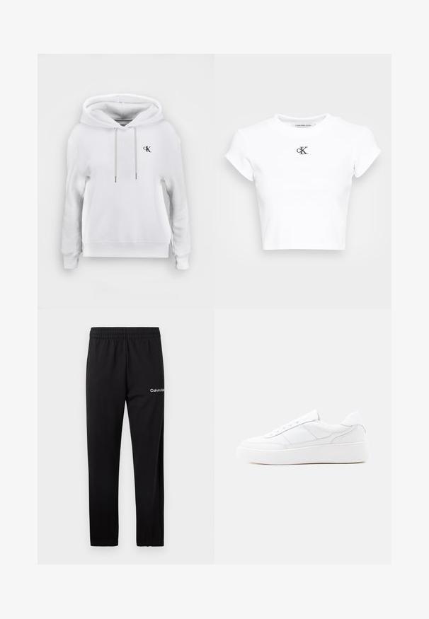 Witte hooded sweatshirt met vooraan trekkoorden en klein zwart "cK" logo op de linkerborst, geribde manchetten en zoom.; Witte cropped t-shirt gemaakt van ribgebreide stof. Heeft een ronde halslijn en korte mouwen. Zwart geborduurd "cK" logo op de borst.; Zwarte Calvin Klein sweatpants met elastische tailleband en wit logo op de bovenste linker dij, afgebeeld tegen een witte achtergrond.; Witte lage sneaker met dikke zool, veterontwerp en subtiele stikselaccenten op een effen lichte achtergrond.