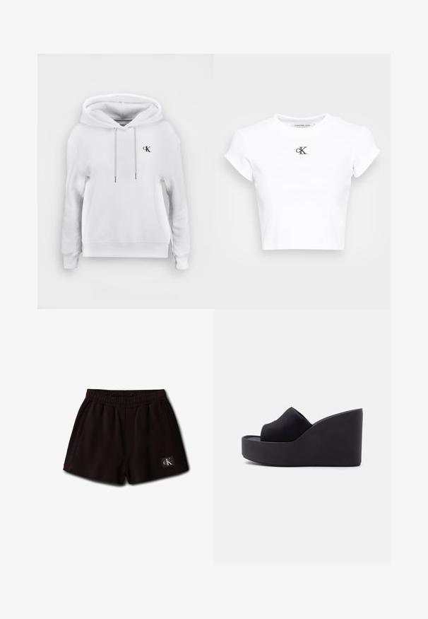 Hvid hættetrøje med snore foran og lille sort "cK" logo på venstre bryst, ribstrikkede manchetter og kant.; Hvid cropped t-shirt lavet af ribbet stof. Har en rund halsudskæring og korte ærmer. Sort broderet "cK" logo på brystet.; Sorte elastiske korte shorts med sidelommer og et lille Calvin Klein-logo på den forreste nederste venstre side.; Sort platforms kile slide-sandal med lukket tå og stoffoverdel samt høj, solid sål mod en ensfarvet lys baggrund.
