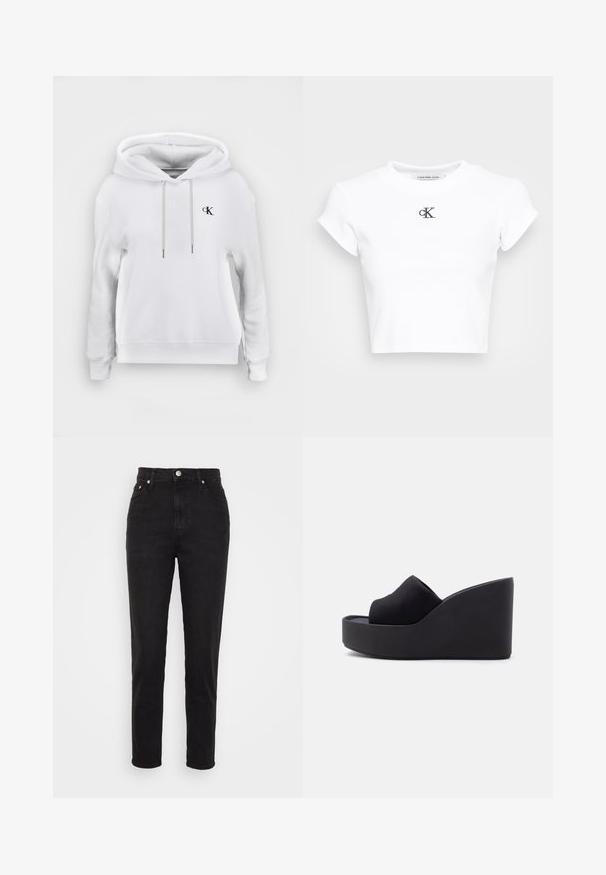 Witte hooded sweatshirt met vooraan trekkoorden en klein zwart "cK" logo op de linkerborst, geribde manchetten en zoom.; Witte cropped t-shirt gemaakt van ribgebreide stof. Heeft een ronde halslijn en korte mouwen. Zwart geborduurd "cK" logo op de borst.; Zwarte high-waist slim-fit jeans met knoop aan de voorkant, riemlussen en vijf-pocketontwerp op een witte achtergrond.; Zwarte platform sleehak sandalen met gesloten stoffen neus en hoge, stevige zool tegen een effen lichte achtergrond.