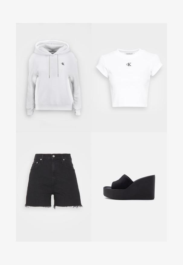 Sudadera blanca con capucha, cordones delanteros y pequeño logo negro de "cK" en el lado izquierdo del pecho, puños y bajo acanalados.; Camiseta corta blanca hecha de tela acanalada. Presenta un escote redondo y mangas cortas. Logotipo "cK" bordado en negro en el pecho.; Calvin Klein Jeans MOM - Shorts vaqueros - denim black; Sandalia tipo cuña de plataforma negra con parte superior de tela de punta cerrada y suela alta y sólida sobre un fondo claro y liso.