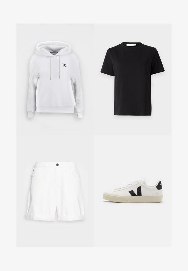 Witte hooded sweatshirt met vooraan trekkoorden en klein zwart "cK" logo op de linkerborst, geribde manchetten en zoom.; Zwart T-shirt met korte mouwen, gemaakt van zachte katoen, met een ronde hals, een ontspannen pasvorm en een gladde textuur. Geen zichtbare patronen of opdrukken.; Witte denim shorts met een opgerolde zoom, vijf-pocketdesign en een zwarte knop bij de taille. Zachte textuur en casual snit.; Witte leren sneaker met zwart rubberen V-logo. Getextureerde off-white zool, witte veters en een achterkant met een detail van de merknaam in het zwart.