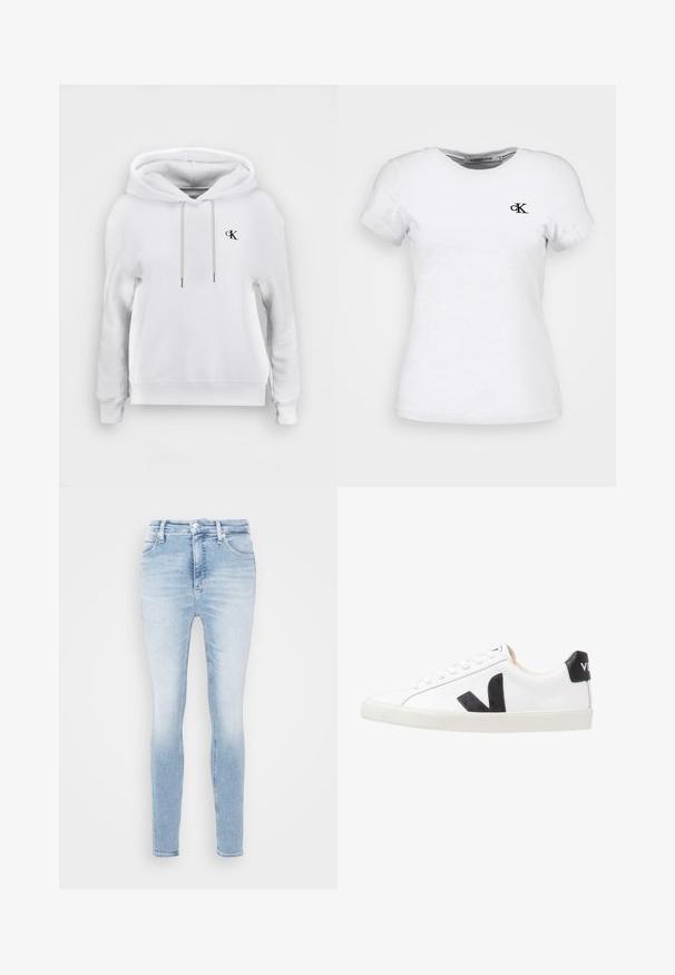 Hvid hættetrøje med snore foran og lille sort "cK" logo på venstre bryst, ribstrikkede manchetter og kant.; Hvid tætsiddende T-shirt med korte ærmer med lille sort Calvin Klein "cK" logo på venstre bryst og rund hals.; Lys blå, slidte skinny jeans med frontknap og lynlås, for- og baglommer, vist mod en hvid baggrund.; Hvide sneakers med et sort V-logo, der har en glat læderoverdel, rund tå, snørrelukning og en kontrasterende sort hælflap.
