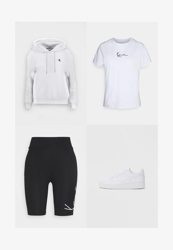 Hvid hættetrøje med snore foran og lille sort "cK" logo på venstre bryst, ribstrikkede manchetter og kant.; Hvid bomulds T-shirt med korte ærmer, med en sort broderet signatur på venstre brystområde. Klassisk crew neck design.; Sorte cykelshorts med høj talje, der har hvid broderet detalje på fronten, glat tekstur og tætsiddende design.; Hvide Nike Air Force 1 sneakers med læderoverdel, rund tå, snørelukning, polstret krave og struktureret gummisål.