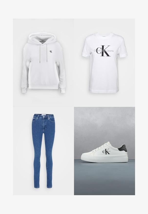 Weißes Kapuzen-Sweatshirt mit vorderen Kordeln und kleinem schwarzem "cK"-Logo auf der linken Brust, gerippte Bündchen und Saum.; Weißes Baumwoll-T-Shirt mit kurzen Ärmeln, das ein großes schwarzes "CK"-Logo und den Text "Calvin Klein Jeans" darunter in Grau zeigt.; Blaue Slim-Fit-Denim-Jeans mit Knopf- und Reißverschluss, vorderen und hinteren Taschen und Gürtelschlaufen auf weißem Hintergrund.; Weißer Calvin Klein Sneaker mit schwarzem Fersenlaschen und Logo, schwebt in der Luft über einem im Freien befindlichen Boden mit Holz- und Steindekor.