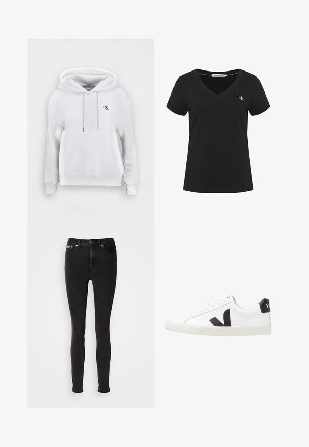 Sudadera blanca con capucha, cordones delanteros y pequeño logo negro de "cK" en el lado izquierdo del pecho, puños y bajo acanalados.; Camiseta de algodón negra con mangas cortas y escote en V. Presenta un pequeño logo bordado "CK" en el lado izquierdo del pecho. Textura suave.; Pantalones vaqueros negros ajustados de mezclilla con una textura suave, que cuentan con diseño de cinco bolsillos, presillas para cinturón y cierre de botón metálico.; Zapatilla blanca con un logo en V negro, con una parte superior de cuero liso, puntera redonda, cierre de cordones y una lengüeta en el talón de color negro en contraste.