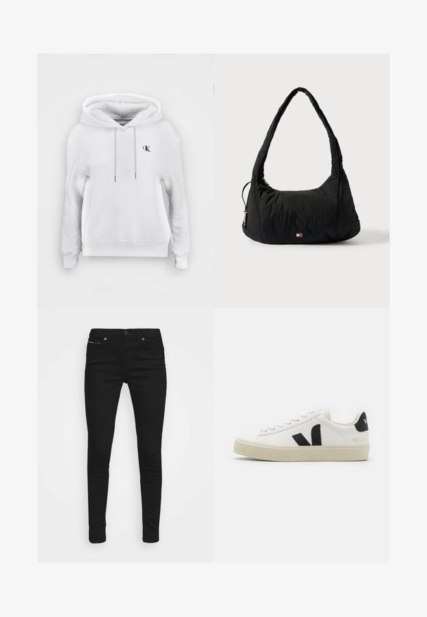 Hvid hættetrøje med snore foran og lille sort "cK" logo på venstre bryst, ribstrikkede manchetter og kant.; Sorte slim-fit jeans med fem lommer og knaplukning, vist mod en hvid baggrund.; Hvide lædersneakers med sort gummiv V-logo. Tekstureret off-white sål, hvide snørebånd og bagside med brandnavn i sort.; Sort nylon skuldertaske med et buet håndtag, lynlåslomme og lille logo foran; puffet tekstur med en blød, rund form.