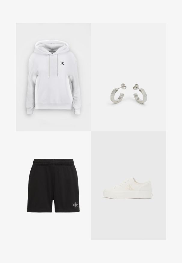 Sudadera blanca con capucha, cordones delanteros y pequeño logo negro de "cK" en el lado izquierdo del pecho, puños y bajo acanalados.; Pantalones cortos negros con cintura elástica y logo de Calvin Klein en la parte inferior derecha, sobre un fondo blanco.; Zapatilla blanca de corte bajo con suela gruesa y logo "cK" en el lateral, cierre de cordones en la parte delantera y diseño minimalista sobre fondo neutro.; Pendientes aros de metal plateado con un diseño texturizado, que cuentan con un pequeño respaldo de clip y una marca en uno de los aros. Forma redondeada con un acabado pulido.
