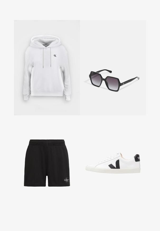 Hvid hættetrøje med snore foran og lille sort "cK" logo på venstre bryst, ribstrikkede manchetter og kant.; Sorte shorts med elastisk talje og Calvin Klein-logo nederst på højre ben, vist mod en hvid baggrund.; Hvide sneakers med et sort V-logo, der har en glat læderoverdel, rund tå, snørrelukning og en kontrasterende sort hælflap.; Sorte sekskantede solbriller med gradientlinser, med en glat overflade og diskret branding på stængerne. Holdbar plastkonstruktion.