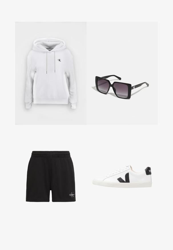 Hvid hættetrøje med snore foran og lille sort "cK" logo på venstre bryst, ribstrikkede manchetter og kant.; Sorte shorts med elastisk talje og Calvin Klein-logo nederst på højre ben, vist mod en hvid baggrund.; Hvide sneakers med et sort V-logo, der har en glat læderoverdel, rund tå, snørrelukning og en kontrasterende sort hælflap.; Sorte firkantede solbriller med gradient grå linser. Blank ramme med rene linjer. Sølvlogo-aksecent på stængerne.