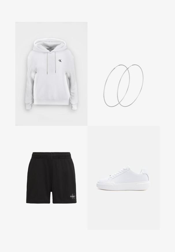 Valge kapuutsiga dressipluus ees olevate nööride ja väikese musta "cK" logoga vasakul rinnal, soonikkoes mansettide ja äärega.; Mustad elastse vöökohaga lühikesed püksid Calvin Kleini logoga parema jala allosas, valgel taustal.; Valge madala säärega tenniskingad, millel on nööritav kinnitus, paks tald ja sile pealispind, nähtud välisküljelt heledal ühtlasel taustal.; Hõbedased rõngastikkaehingad minimalistlikus disainis. Ümar kuju, sile tekstuur ja õhuke profiil. Kerged ning poleeritud viimistlusega.