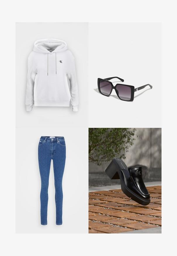 Sweat à capuche blanc avec cordons à l'avant et petit logo noir "cK" sur la poitrine gauche, poignets et ourlet côtelés.; Jean slim bleu en denim avec fermeture par bouton et zip, poches avant et arrière, et passants de ceinture sur fond blanc.; Mule slip-on en cuir noir Calvin Klein avec talon bloc reposant sur des carreaux en bois à l'extérieur près d'une plante verte et d'un mur gris.; Lunettes de soleil noires carrées avec des verres gris dégradés. Montures brillantes avec des lignes épurées. Accent logo argenté sur les branches.