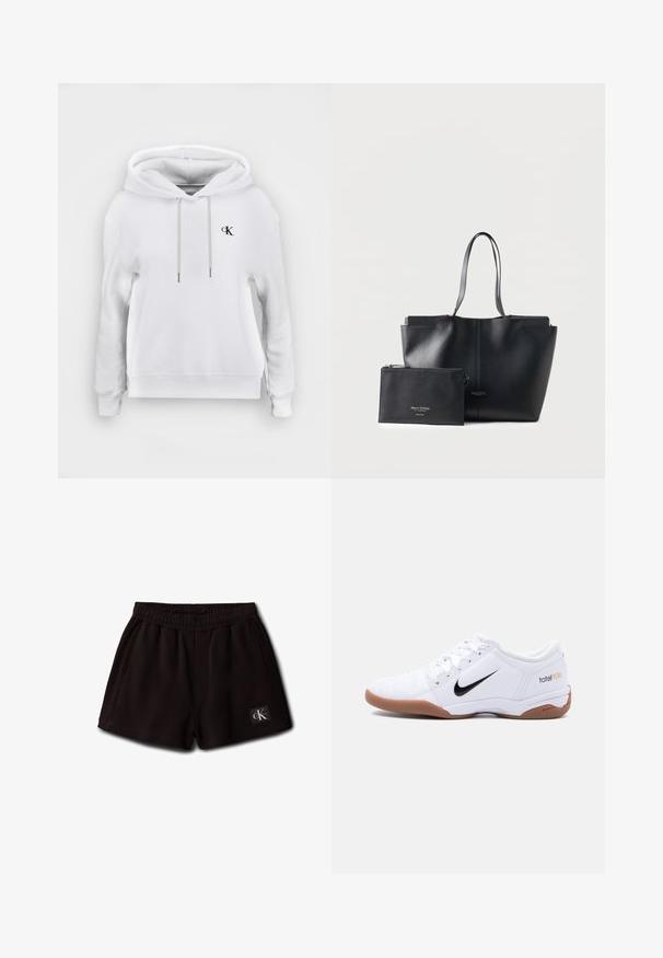 Hvid hættetrøje med snore foran og lille sort "cK" logo på venstre bryst, ribstrikkede manchetter og kant.; Sorte elastiske korte shorts med sidelommer og et lille Calvin Klein-logo på den forreste nederste venstre side.; Hvid Nike Total 90 III indendørs fodboldstøvle med sort swoosh-logo og gummisål, vist fra siden på en ensfarvet baggrund.; Sort læder-tote taske med tynde håndtag og matchende lynlåset pung, begge mærket Marc O'Polo, sat mod en ensfarvet lys baggrund.